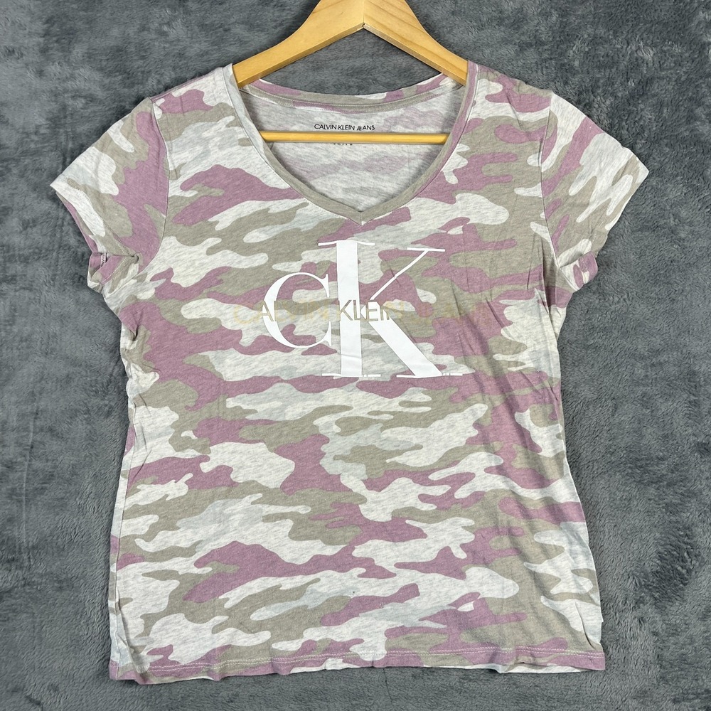 Calvin Klein Jeans T Shirt Womens Small Pink Taupe Camouflage Cap Sleeve Graphic
